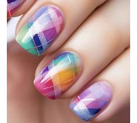 Detesaya Press on Nails, Unghie Finte, Set di 24 Unghie Autoadesive a Scacchi, Forma Quadrata Corta, Design Gradiente, Unghie Riutilizzabili per Donne, Smalto Brillante per Primavere ed Estate