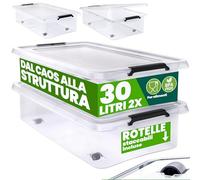 Deuba® 2X 30L Scatole in Plastica Trasparente Senza BPA Contenitori con Coperchio Impilabili Ruote Cassette Salvaspazio