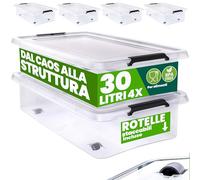 Deuba® 4X 30L Scatole in Plastica Trasparente Senza BPA Contenitori con Coperchio Impilabili Ruote Cassette Salvaspazio