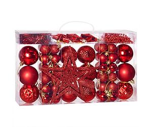 Deuba Confezione 66 Palline di Natale con Valigetta Stelle Catena Opaco Lucido Rosso Ø 3-6 cm