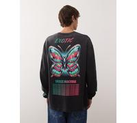 Deus Ex Machina - T-shirt oversize a maniche lunghe nero slavato con stampa di farfalla sul retro XL