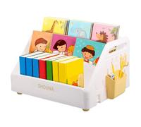 Deuson Montessori - Libreria per bambini con 3 ripiani, pieghevole per bambini, con ganci e cestino sospeso, per camera dei giochi, camera da letto, cameretta dei bambini (bianco)