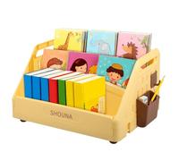 Deuson Montessori - Libreria per bambini, con 3 scomparti, pieghevole, con ganci e cestino sospeso, per camera dei giochi, camera da letto, cameretta dei bambini (giallo)