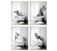 DEUXYU Set di 4 poster decorativi per il bagno, formato A4, formato A4, divertenti animali nella vasca da bagno, poster da parete, stampa artistica da parete, per bagno, 21 x 30 cm