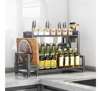devesanter Portaspezie in piedi, 2 ripiani, grande capacità, portaspezie da cucina, organizer in metallo per piano di lavoro, con porta tagliere, porta utensili, con 6 ganci, grigio