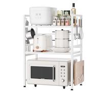 devesanter Scaffale espandibile a 3 livelli, per microonde, rimovibile e impilabile, con 6 ganci, con supporto per tagliere e cestino per bacchette da cucina, allungabile da 40 a 64 cm, bianco