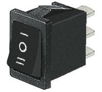 Deviatore ON-OFF-ON a bilanciere I-0-II, tasto nero, unipolare SPDT, 3 posizioni, rettangolare, da pannello, a scatto autobloccante, foro 19x13mm, portata 220V 230V 6A, contatti 4,8mm, basculante
