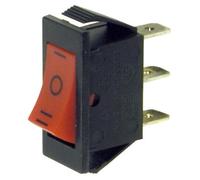 Deviatore ON-OFF-ON a bilanciere, tasto rosso, unipolare SPDT, 3 posizioni, marcatura I-0-II, rettangolare, autobloccante, da pannello, foro 27x12mm, portata 220V 230V 16A, contatti 6,35mm