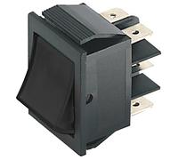 Deviatore ON-ON a bilanciere, tasto nero, bipolare DPDT, 2 posizioni, rettangolare, autobloccante, montaggio a pannello, foro 31x22mm, portata 220V 230V 15A, contatti in ottone 6,35mm, basculante