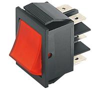 Deviatore ON-ON a bilanciere, tasto rosso, bipolare DPDT, 2 posizioni, rettangolare, autobloccante, montaggio a pannello, foro 31x22mm, portata 220V 230V 15A, contatti in ottone 6,35mm, basculante