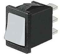 Deviatore unipolare a bilanciere SPDT unipolare ON-ON con tasto bianco e con terminali faston 4,8mm, foro di montaggio 19,2x13mm, 250V 6A