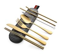 DEVICO Portable Utensils, Travel Camping Cutlery Set, 8-Piece including Knife Fork Spoon Chopsticks Cleaning Brush Straws Portable Case, Stainless Steel Flatware set