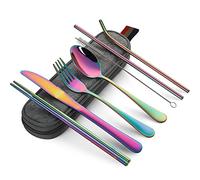 DEVICO Posate da Campeggio, 8 Pezzi Set Posate Acciaio Inox, con Coltello, Forchetta, Cucchiaio, Bacchette, Spazzola per Pulizia, Cannucce e Custodia (Cangiante)