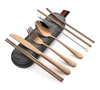 DEVICO Posate da Campeggio, 8 Pezzi Set Posate Acciaio Inox, con Coltello, Forchetta, Cucchiaio, Bacchette, Spazzola per Pulizia, Cannucce e Custodia (Oro Rosa)
