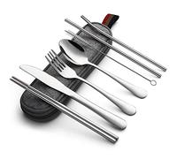 DEVICO Posate da Campeggio, 8 Pezzi Set Posate Acciaio Inox, con Coltello, Forchetta, Cucchiaio, Bacchette, Spazzola per Pulizia, Cannucce e Custodia (Argento)