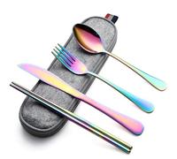 DEVICO Posate da campeggio, in acciaio inox, set da 5 pezzi, con coltello, forchetta, cucchiaio, bacchette e custodia, ideale per i viaggi (arcobaleno)
