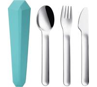 DEVICO Posate da viaggio con astuccio, set di posate da campeggio per 1 persona, in acciaio inox per esterni, con coltello, forchetta, cucchiaio e custodia, posate ideali per viaggiare (turchese)