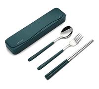 DEVICO Posate da Viaggio in Acciaio Inox 18/8, 4 Pezzi con Forchetta, Cucchiaio, Bacchette e Custodia (Verde Scuro)