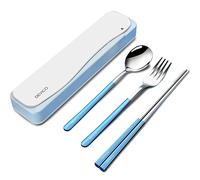 DEVICO Posate da Viaggio, Posate Acciaio Inox 18/8, 4 Pezzi Posate da Campeggio con Forchetta, Cucchiaio, Bacchette e Custodia (Azzurro)