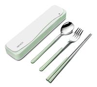 DEVICO Set di posate da viaggio, set di posate da campeggio per 1, in acciaio inox 18/8, utensili da campeggio portatili con forchetta, cucchiaio e bacchette (verde)