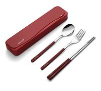DEVICO Utensili da viaggio, in acciaio inox 18/8, 4 pezzi, set di posate portatili da campeggio riutilizzabili, include forchetta, cucchiaio, bacchette con custodia (rosso)