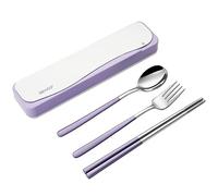 DEVICO Utensili da viaggio, set di posate portatili in acciaio inox 18/8, include forchetta, cucchiaio, bacchette con custodia (viola)