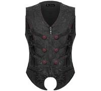 Devil Fashion Vampiro Gotico Gilet Frac Nero Rosso Broccato Velluto