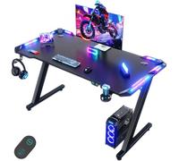 Devoko 120 x 60cm Scrivania Gaming LED, Tavolo Gaming Ergonomica, Scrivania per Computer con Porta Bicchiere e Ganci per Cuffie, Postazione con Piano del Tavolo in Fibra di Carbonio, Nero