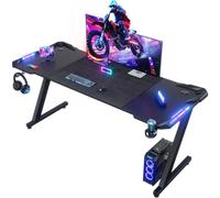 Devoko 160 x 60cm Scrivania Gaming LED, Tavolo Gaming Ergonomica, Scrivania per Computer con Porta Bicchiere e Ganci per Cuffie, Postazione con Piano del Tavolo in Fibra di Carbonio, Nero