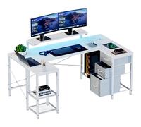 Devoko Scrivania Angolare 170x95 cm, Tavolo A L Da Gioco con 3 Cassetti, Illuminazione LED, Supporto Monitor, 2 Prese + 2 USB, Adatta per Ufficio/Studio, Ideale per Camere, Bianca