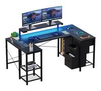 Devoko Scrivania Angolare 170x95 cm, Tavolo A L Da Gioco con 3 Cassetti, Illuminazione LED, Supporto Monitor, 2 Prese + 2 USB, Adatta per Ufficio/Studio, Ideale per Camere, Nera