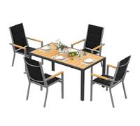 Devoko Set di Arredo da Giardino 4 Persone, Set di Tavolo 150 cm Design a Vena di Legno e 4 Sedie Impilabili da Esterno in Alluminio, Ideale per Cortile, Terrazza o Ai Margini della Piscina, Naturale