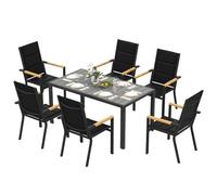 Devoko Set di Arredo da Giardino 6 Persone, Set di Tavolo 150 cm Design a Vena di Legno e 6 Sedie Impilabili da Esterno in Alluminio, Ideale per Cortile, Terrazza o Ai Margini della Piscina, Grigio