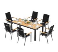 Devoko Set di Arredo da Giardino 6 Persone, Set di Tavolo 189 cm Design a Vena di Legno e 6 Sedie Impilabili da Esterno in Alluminio, Ideale per Cortile, Terrazza o Ai Margini della Piscina, Naturale