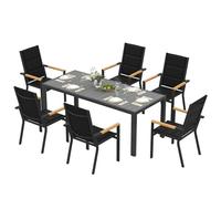 Devoko Set di Arredo da Giardino 6 Persone, Set di Tavolo 189 cm Design a Vena di Legno e 6 Sedie Impilabili da Esterno in Alluminio, Ideale per Cortile, Terrazza o Ai Margini della Piscina, Grigio