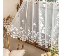 Devola Elegante tendina con ricamo floreale, tenda corta, trasparente, per bistrò, romantica, piccola tenda per finestre, decorazione, 45 x 100 cm, colore bianco, 1 pezzo