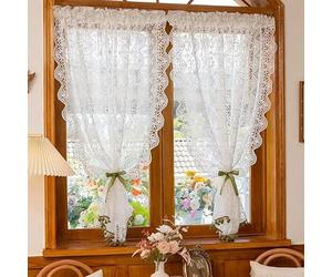 Devola Set di tende bistrò stile casa di campagna corte per cucina, tenda da bistrot in pizzo con ricamo, tende per finestre, tende vintage a mezza lunghezza, AxL 130x130 cm, bianco