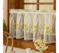 Devola Tendina per finestra con fiori ricamati, tenda corta con pompon semitrasparente, stile rustico, per cucina, bagno, soggiorno, 45 x 180 cm, colore crema, 1 pezzo