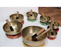 Devyom Set di 7 ciotole tibetane fatte a mano con corona 7 Chatra tibetana per meditazione e cuscino in seta