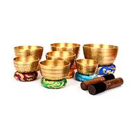 Devyom Set tibetano di 7 campane tibetane per meditazione per preghiere curative, yoga con mazzetto e cuscino (SING-1122SET7)
