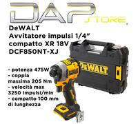 DEWALT DCF850NT-XJ,Avvitatore ad impulsi compatto 3 velocità 18V XR BRUSHLESS attacco 1/4”. Coppia di serraggio 205Nm