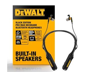 DEWALT Cuffie Bluetooth Neckband 2-in-1 Heavy Duty, Auricolari Wireless con Altoparlanti Integrati, 60+ Ore Autonomia Microfono HD, IP56 Impermeabili, Ideali per Cantiere, Officina e Outdoor Nero