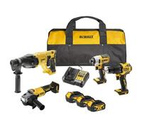 DEWALT Kit Combo 18V 4PC (trapano avvitatore compatto, avvitatore ad impulsi, martello rotante 18V SDS-Plus, smerigliatrice angolare 125mm) con 3 batterie 4Ah in borsa morbida, DCK424M3-QW