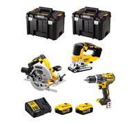 DeWALT Kit DWK301 (Trapano a Percussione DCD796 + Seghetto Alternativo DCS334 + Sega Circolare DCS570 + 2 Batterie 5,0 Ah + Caricabatterie + 2 x TSTAK VI)