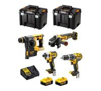DeWALT Kit DWK400 (Trapano a percussione DCD796 + Martello Perforatore DCH273 + Mini Smerigliatrice DCG405 + Avvitatore a impulsi DCF887 + 2 Batterie da 5,0 Ah + Caricatore + 2 x TSTAK VI)