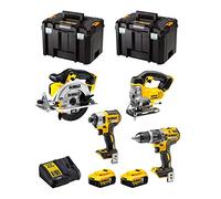 DeWALT Kit DWK402 (Trapano a Percussione DCD796 + Avvitatore ad Impulsi DCF887 + Seghetto Alternativo DCS331 + Sega Circolare DCS391 + 2 Batterie 5,0 Ah + Caricabatterie + 2 x TSTAK VI)
