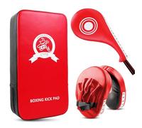 DEWEL Kit da Boxe con Un Paio di Guantoni da Boxe, Un Pad Boxe e Un Colpitori Taekwondo,per L'allenamento Boxe di Karate, MMA, Kickboxing, Karate, Muay Thai, MMA, Wushu eec (4 Pezzi,Rosso)