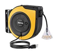 DEWENWILS Retractable Cord Reel, 60 FT Heavy Duty Extension Cord, 12AWG/3C SJTOW, 3 Grounded Outlets Lighted Triple Tap, 15A Circuit Breaker, Wall/Ceiling Mounted for Garage and Workshop, UL Listed