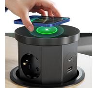 DEWIN Multipresa a Scomparsa,2500W 16A Presa a Scomparsa 3 Scomparti con 1 USB C e USB A,Torretta Multipresa a Scomparsa con Ricarica Wireless da 15W,Cavo da 1,5M per Ufficio, Lavoro e Cucina(EU)