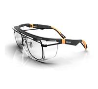 DEX FIT SG210 OTG │ Occhiali di sicurezza; protezione degli occhi Z87, anti-appannamento e antigraffio, regolabili, unisex, con protezione UV (montatura nera e arancione, lenti trasparenti)